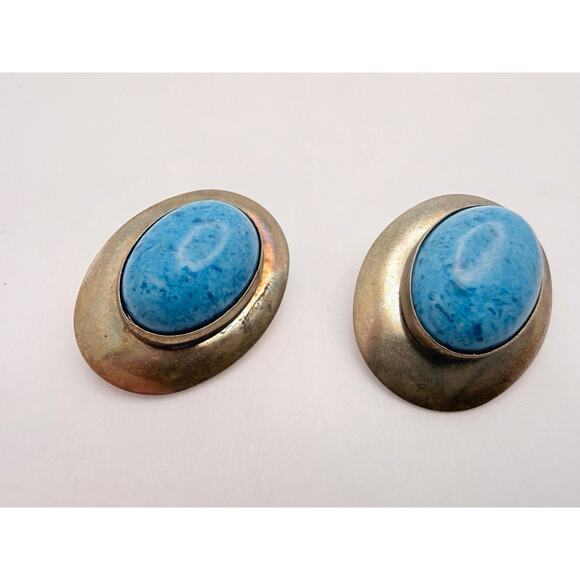 Vintage 50s Modernist Sterling Silver Studio Earrings Blue Stone - Picture 1 of 9